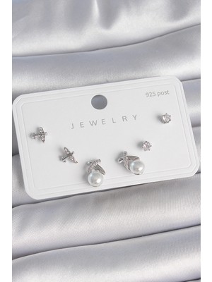 Mey Ithalat® Pirinç Gümüş Renk Zirkon Taşlı Kelebek Model Inci Detay 925 Ayar Gümüş Çivi Kadın Küpe Seti