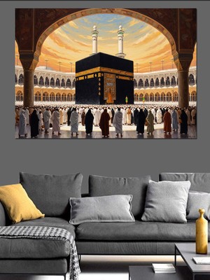 Tablomega Kabe-I Muazzama ve Ibadet Edenler Dekoratif Kanvas - Mdf Ahşap Tablo