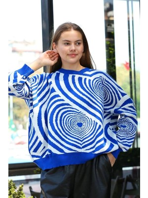 Colezium Beyaz Kalp Çizgili Kazak Saks Mavisi