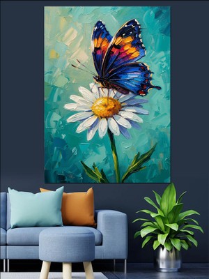 Tablomega Papatya Üzerinde Büyük Mavi Kelebek Dekoratif Kanvas - Mdf Ahşap Tablo