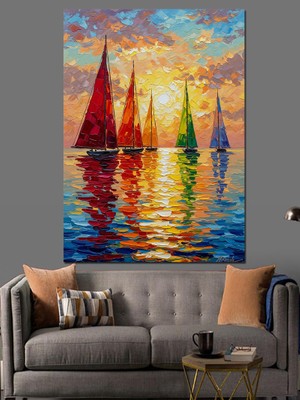 Artmeg Renkli Yelkenliler Gün Batımı Denizi Dekoratif Kanvas - Mdf Ahşap Tablo