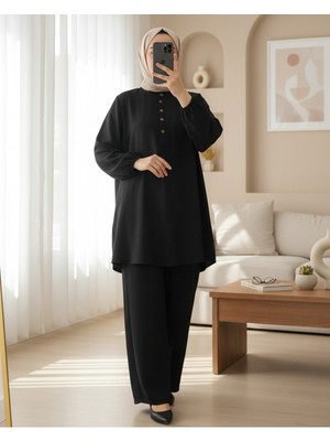 Modamorfo Yarım Düğmeli Koli Lastikli Dik Yaka Keten Takım  -Siyah