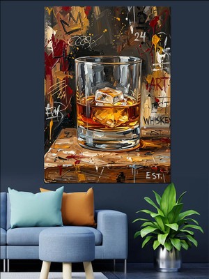 Tablomega Bardakta Buzlu Viski ve Altın Işık Dekoratif Kanvas - Mdf Ahşap Tablo
