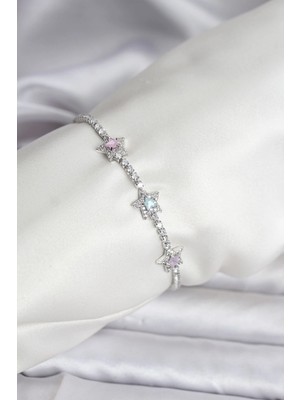 Mey Ithalat® Renkli Yıldız Model Zirkon Taşlı Gümüş Renk Pirinç Su Yolu Kadın Bileklik