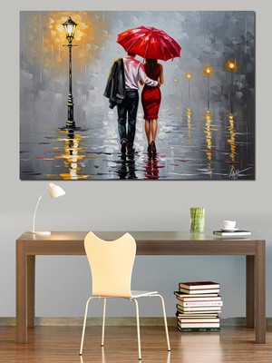 Tablomega Yağmurda Kırmızı Şemsiyeli Romantik Çift Dekoratif Kanvas - Mdf Ahşap Tablo