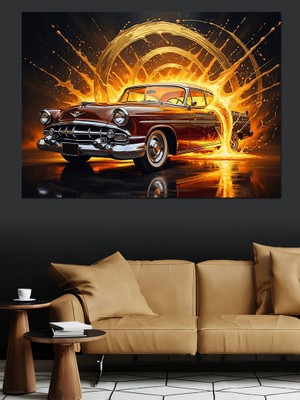 Tablomega Işıklar Saçarak Ilerleyen Klasik Araba Dekoratif Kanvas - Mdf Ahşap Tablo