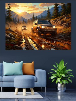 Artmeg Orman Yolunda Ilerleyen Macera Aracı Dekoratif Kanvas - Mdf Ahşap Tablo
