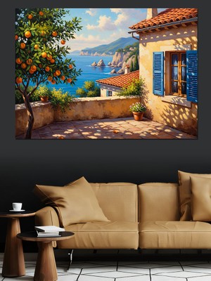 Artmeg Akdeniz Manzaralı Mavi Pencereli Ev Dekoratif Kanvas - Mdf Ahşap Tablo