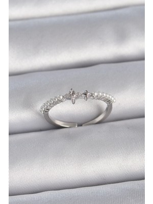 Mey Ithalat® Pirinç Gümüş Renk Zirkon Taşlı Sıralı Inci Ayarlanabilir Model Kadın Yüzük