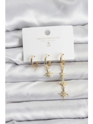 Mey Ithalat® Kutup Yıldızı Model Gold Renk Pirinç 3'lü Kadın Küpe Seti