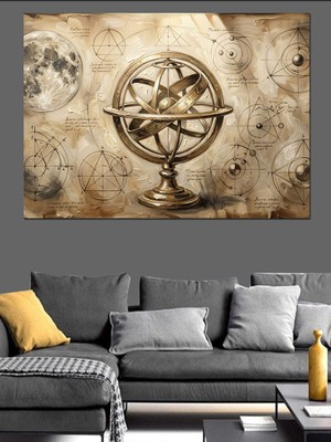 Artmeg Antik Gökyüzü Haritası ve Küre Dekoratif Kanvas - Mdf Ahşap Tablo