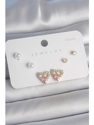 Mey Ithalat® Pirinç Gold Renk Pembe Zirkon Taşlı Kalp Model Inci Detay 925 Ayar Kadın Küpe Seti