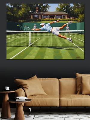 Artmeg Tenis Kortunda Atlayış Yapan Oyuncu Dekoratif Kanvas - Mdf Ahşap Tablo