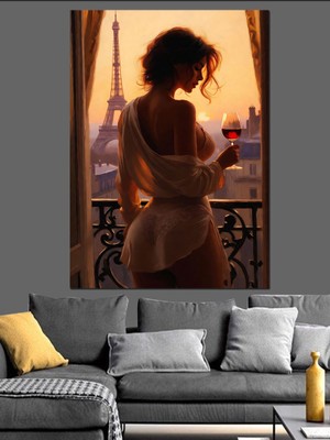 Artmeg Balkonda Eyfel Kulesi ve Kadın Dekoratif Kanvas - Mdf Ahşap Tablo