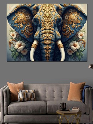 Tablomega Altın Işlemeli Fil Başı Tablosu Dekoratif Kanvas - Mdf Ahşap Tablo