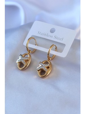 Mey Ithalat® 316L Çelik Gold Renk Zirkon Taş Detay Kadın Küpe