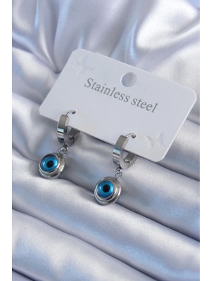 Mey Ithalat® 316L Çelik Gümüş Renk Nazar Boncuk Model Kadın Küpe