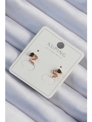 Mey Ithalat® Xuping Rose Renk Siyah Zirkon Taşlı Kıvrımlı Küpe