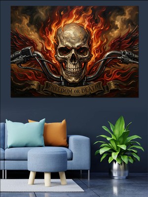 Artmeg Alevler Içinde Kuru Kafa ve Yılan Dekoratif Kanvas - Mdf Ahşap Tablo