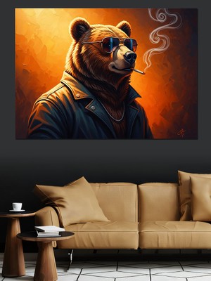 Artmeg Puro Içen Deri Ceketli Ayı Dekoratif Kanvas - Mdf Ahşap Tablo