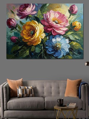 Tablomega Vazoda Renkli Güller Bahar Tablosu Dekoratif Kanvas - Mdf Ahşap Tablo