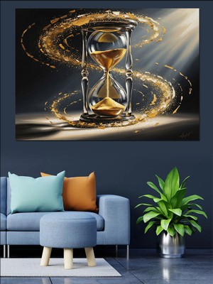 Artmeg Altın Kumlu Işıltılı Zaman Saati Dekoratif Kanvas - Mdf Ahşap Tablo