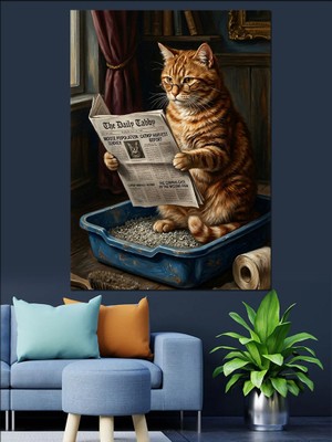 Artmeg Tuvalette Gazete Okuyan Kedi Dekoratif Kanvas - Mdf Ahşap Tablo