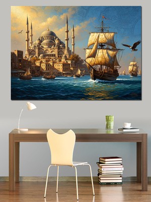 Tablomega Istanbul Boğazı ve Antik Yelkenli Dekoratif Kanvas - Mdf Ahşap Tablo