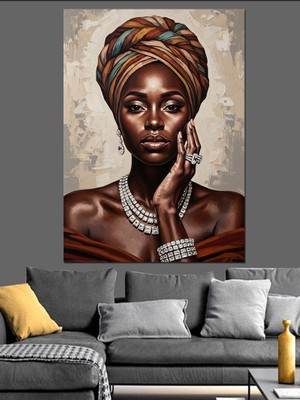 Artmeg Incili ve Türbanlı Afrikalı Kadın Dekoratif Kanvas - Mdf Ahşap Tablo