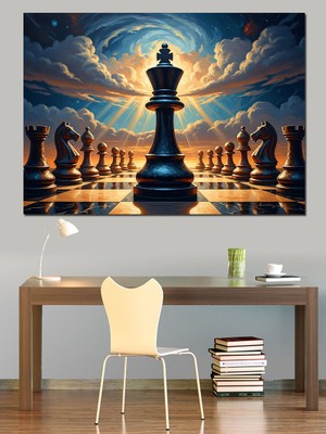 Tablomega Satranç Masasında Tekli Şah Figürü Dekoratif Kanvas - Mdf Ahşap Tablo