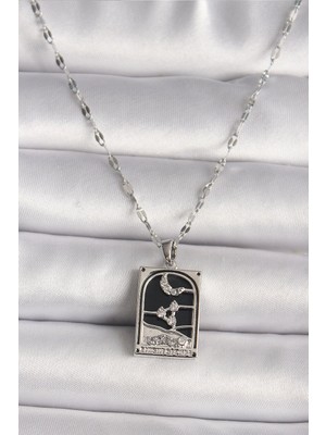 Mey Ithalat® 316L Çelik Gümüş Renk Zirkon Taşlı  Ay Figürlü Taror Model Kadın Kolye