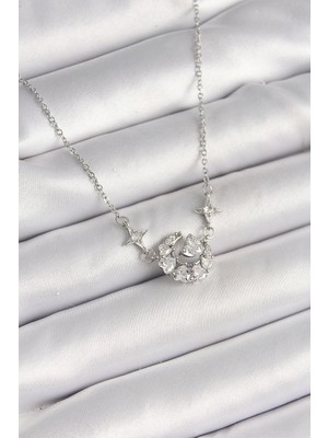 Mey Ithalat® 316L Çelik Gümüş Renk Zirkon Taşlı Hilal Kalp Model Kadın Kolye