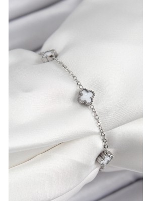 Mey Ithalat® 316L Çelik Beyaz Sedef Yonca Model Gümüş Renk Kadın Bileklik