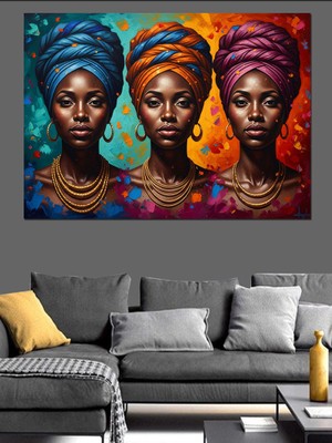 Tablomega Renkli Başörtülü Üç Afrikalı Kadın Dekoratif Kanvas - Mdf Ahşap Tablo