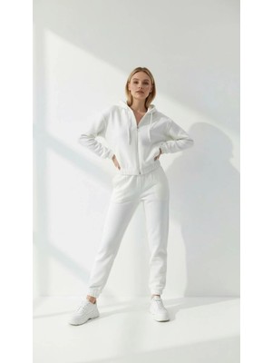 Colezium 3 Iplik Şardonlu Kapşonlu Fermuarlı Kısa Üst Beyaz PAT8590