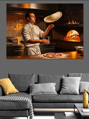 Tablomega Pizza Hamuru Açan Usta Şef Dekoratif Kanvas - Mdf Ahşap Tablo