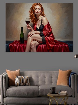 Tablomega Kırmızı Elbiseli Şık Kadın Portresi Dekoratif Kanvas - Mdf Ahşap Tablo