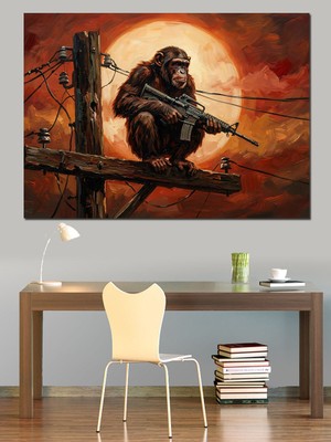 Tablomega Silahlı ve Karizmatik Savaşçı Şempanze Dekoratif Kanvas - Mdf Ahşap Tablo
