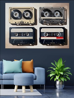 Artmeg Dörtlü Nostaljik Kaset Seti Tasarımı Dekoratif Kanvas - Mdf Ahşap Tablo