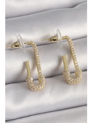 Mey Ithalat® Pirinç Gold Renk Zirkon Taşlı Çengelli Iğne Model Kadın Küpe