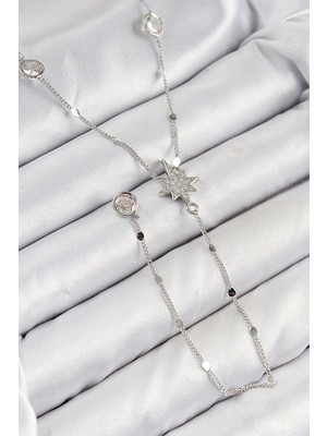 Mey Ithalat® Pirinç Zirkon Taşlı Kutup Yıldızı Model Gümüş Renk Y Kolye