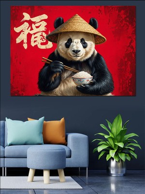 Artmeg Bambu Şapkalı Panda Çay Keyfi Dekoratif Kanvas - Mdf Ahşap Tablo