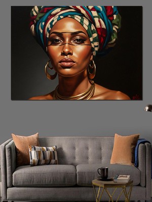 Artmeg Renkli Türbanlı Afrikalı Kadın Portresi Dekoratif Kanvas - Mdf Ahşap Tablo