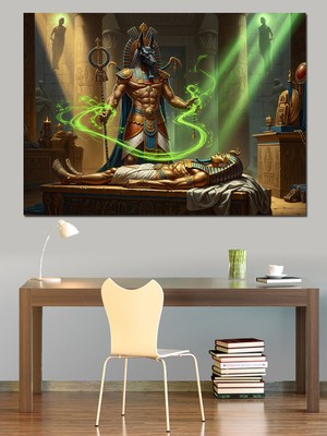 Tablomega Mısır Tanrısı Anubis ve Tapınak Dekoratif Kanvas - Mdf Ahşap Tablo