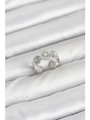 Mey Ithalat® Pirinç Gümüş Renk Yonca Model Kadın Yüzük