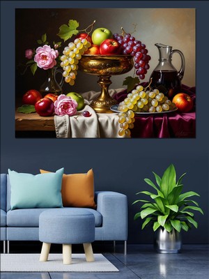 Tablomega Meyve Tabağı ve Şarap Natürmort Dekoratif Kanvas - Mdf Ahşap Tablo