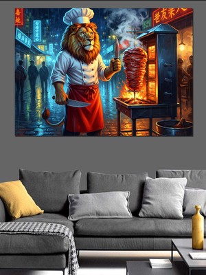 Tablomega Mutfakta Döner Hazırlayan Aslan Şef Dekoratif Kanvas - Mdf Ahşap Tablo