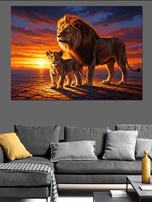 Artmeg Gün Batımında Yavrusuyla Baba Aslan Dekoratif Kanvas - Mdf Ahşap Tablo