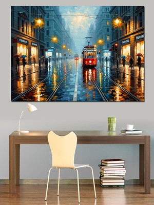 Artmeg Yağmurlu Gecede Kırmızı Nostaljik Tramvay Dekoratif Kanvas - Mdf Ahşap Tablo