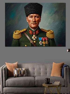 Artmeg Atatürk Askeri Üniformalı Heybetli Portre Dekoratif Kanvas - Mdf Ahşap Tablo